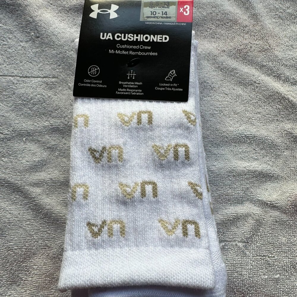 UNDER ARMOUR Men's UA Cushioned Crew Socks 3-Pack 1385134-100 Large NEW w TAGS